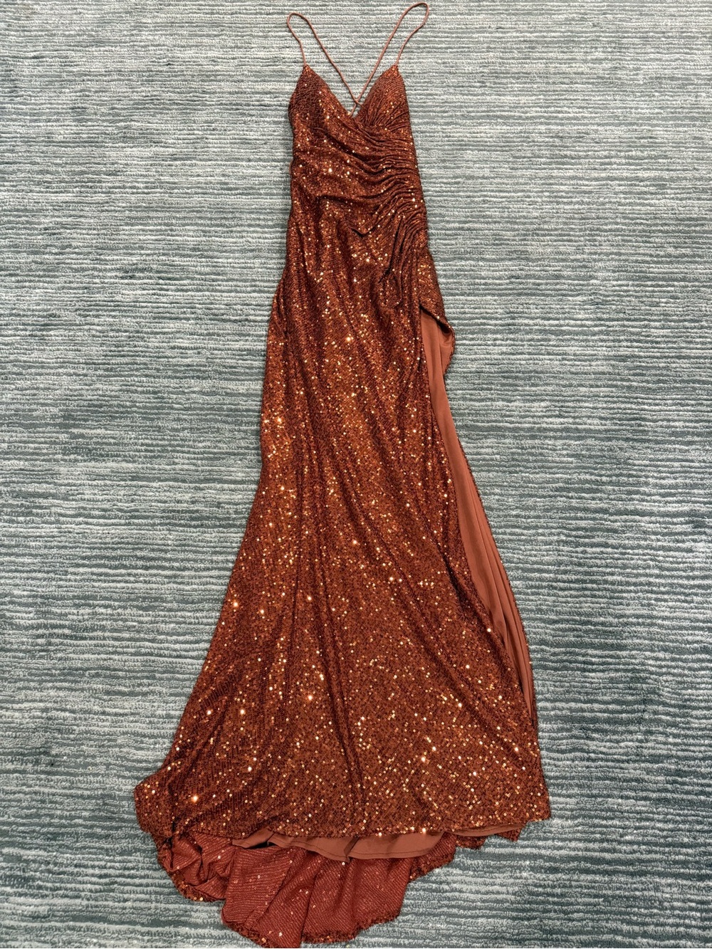 Cinderella Copper Sequin Spaghetti-Strap Prom Gown
